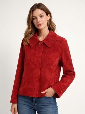 Tria Red Suede Leather Jacket Button Closure Size L